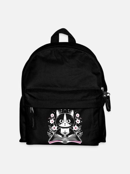 Lesende süße Katze mit Buch und Blumen - Kinder Rucksack - Schwarz