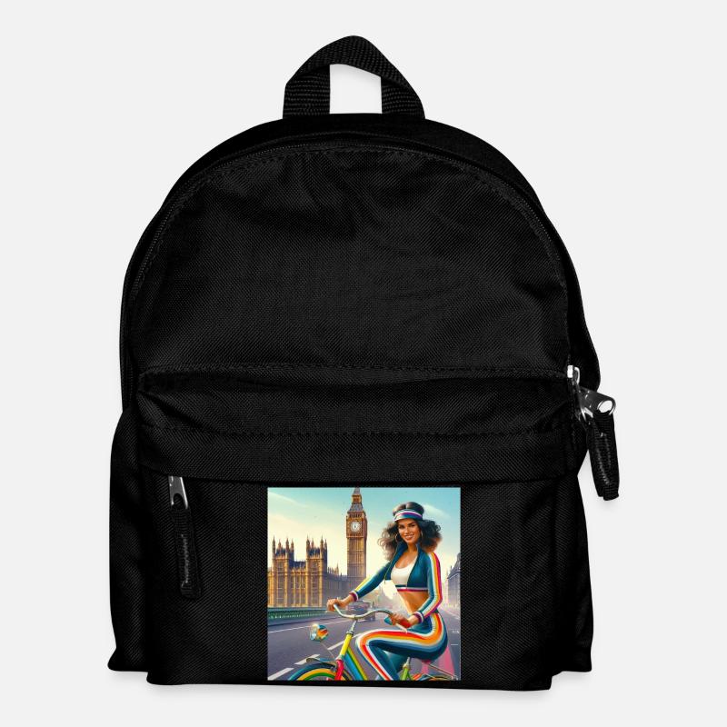 Retro Girl on a Bicycle by Big Ben in London - Kids' Backpack - black