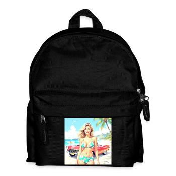 Woman on the beach with classic car - Kids' Backpack - black - Front