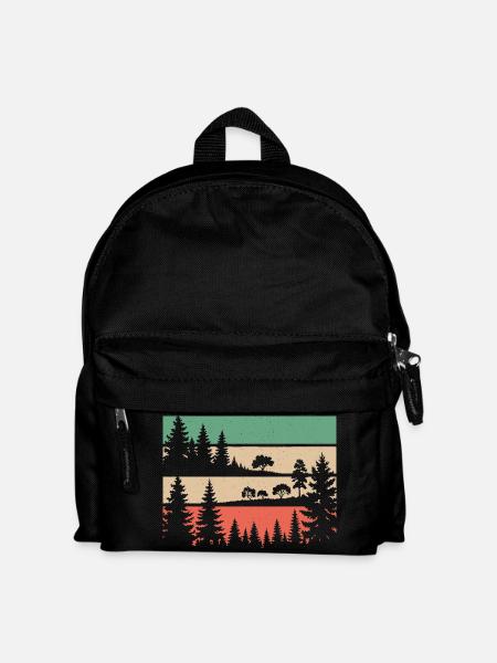 Retro Wald Natur Silhouette Bäume Motiv Wandern - Kinder Rucksack - Schwarz
