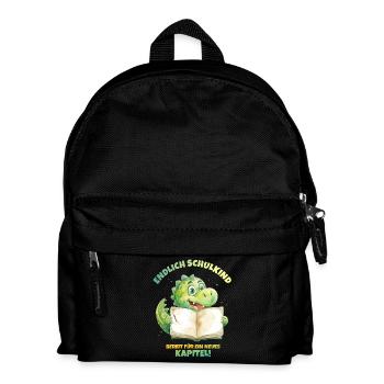 Endlich Schulkind Aquarell Dino mit Buch - grün  - Kinder Rucksack - Schwarz - Vorne