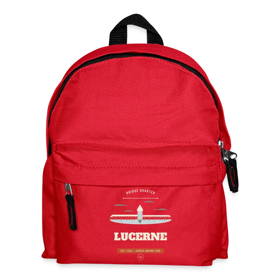 Lucerne badge on a kids' backpack, red