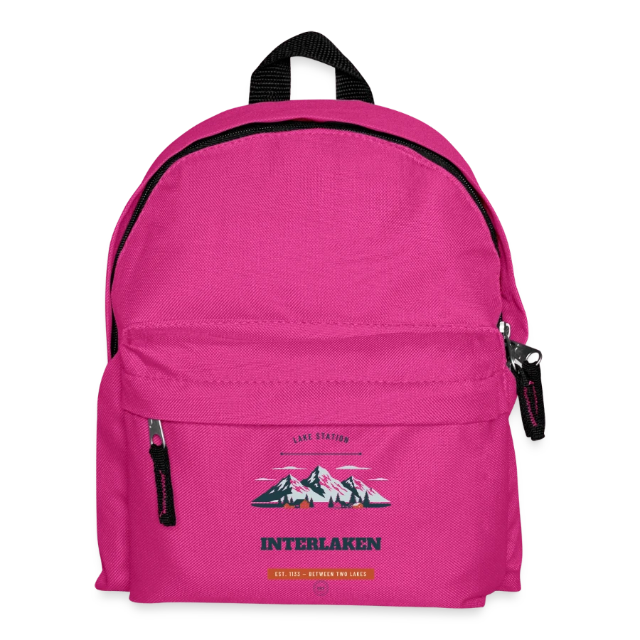Interlaken badge on a kids' backpack, fuchsia