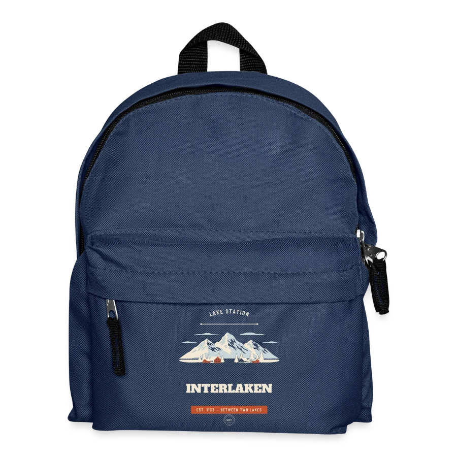 Interlaken badge on a kids' backpack, navy