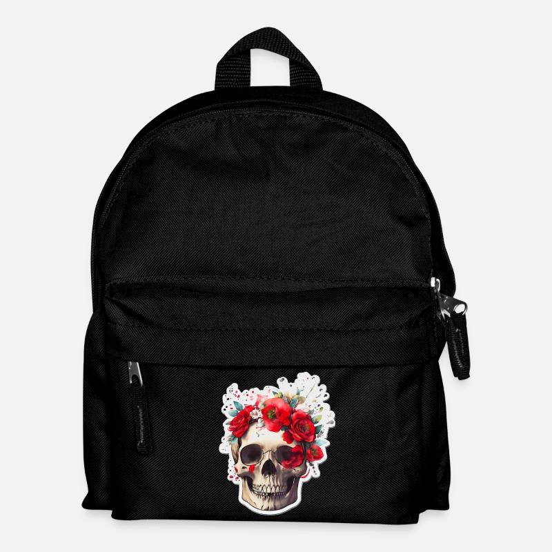 Totenkopf mit roten Blumen - Kinder Rucksack - Schwarz