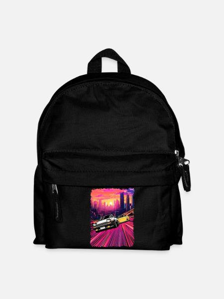 Neon City Car Chase Illustration - Kids' Backpack - black