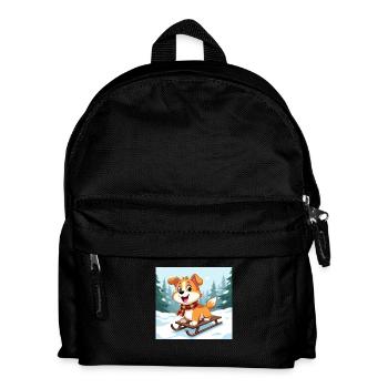 Happy cartoon dog on sled - Kids' Backpack - black - Front