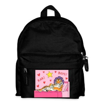 Pink Tiger Lounge with Hearts and Hair Curlers - Kids' Backpack - black - Front