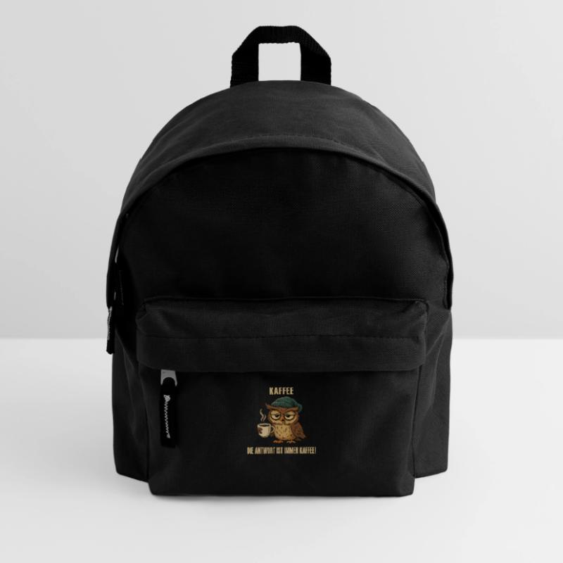 Müde Eule mit Kaffee – lustiger Spruch. Kinder Rucksack