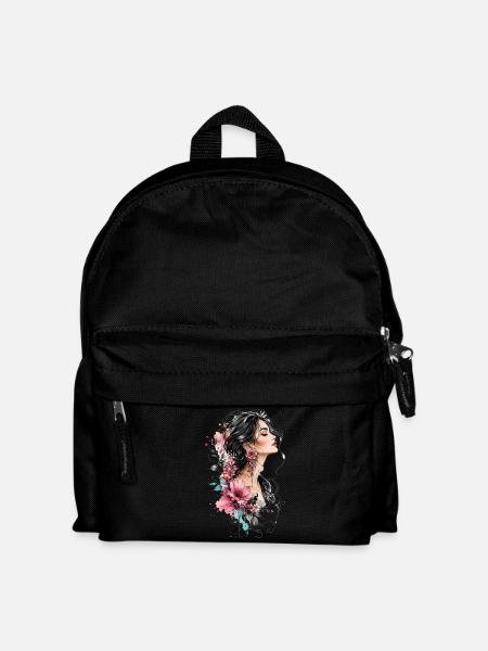 Woman's profile with flower earring - Kids' Backpack - black