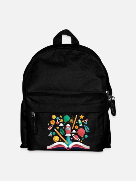Offenes Buch mit Schulobjekten, Lernen und Pädagogik - Kinder Rucksack - Schwarz