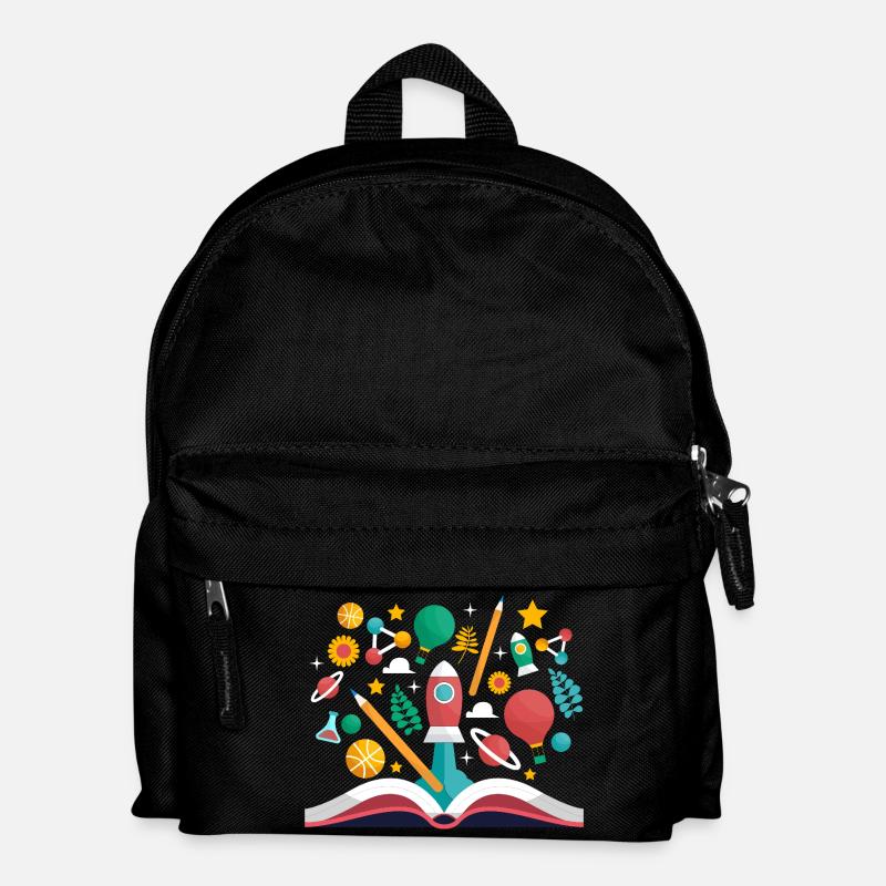 Offenes Buch mit Schulobjekten, Lernen und Pädagogik - Kinder Rucksack - Schwarz