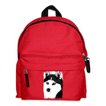 Schwarz-Weiß Husky Porträt auf Textil - Kinder Rucksack - Rot - Vorne