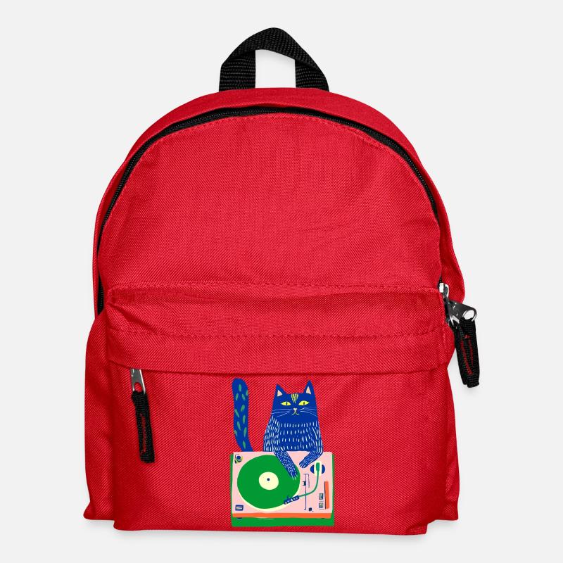 Blue Cat DJ on Whimsical Turntable - Kids' Backpack - red