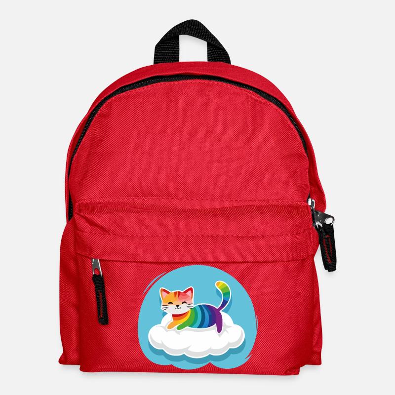 Kunterbunte Katze schwebt auf Wolke (Tag) - Kinder Rucksack - Rot