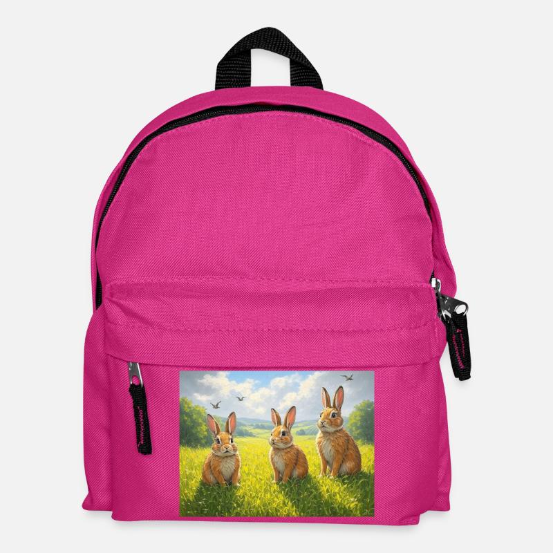 Three rabbits in the spring field - Kids' Backpack - fuchsia