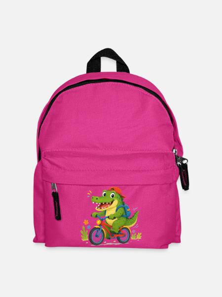 Fröhliches Krokodil fährt mit Fahrrad zur Schule - Kinder Rucksack - Fuchsia