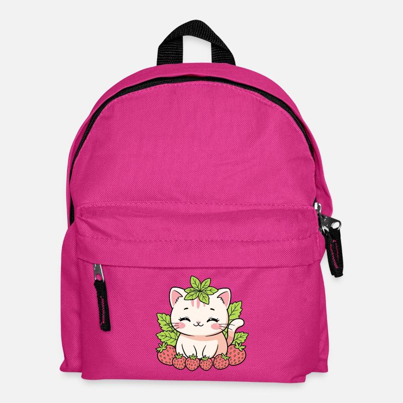 Kätzchen mit Erdbeeren und Blättern - Kinder Rucksack - Fuchsia