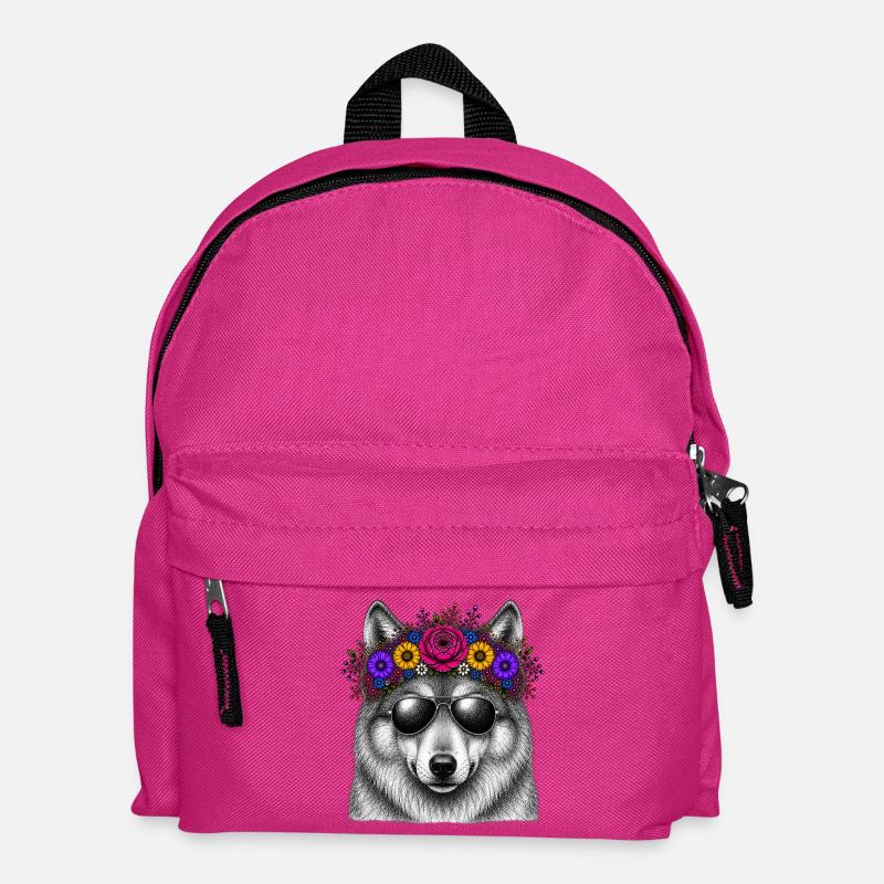 Wolf mit Blütenkranz und Sonnenbrille - Kinder Rucksack - Fuchsia