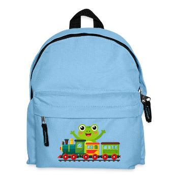 Green cartoon frog cheering with toy train - Kids' Backpack - light blue - Front