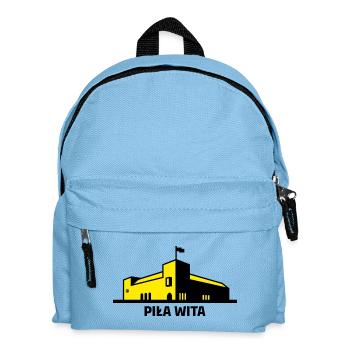 Saw heißt Sie herzlich willkommen. Die Stadt Piła und das Gebäude der Polizeischule - Kinder Rucksack - Hellblau - Vorne