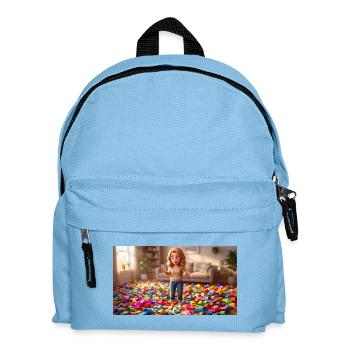 Girl Standing Barefoot in a Room Full of Slippers - Kids' Backpack - light blue - Front