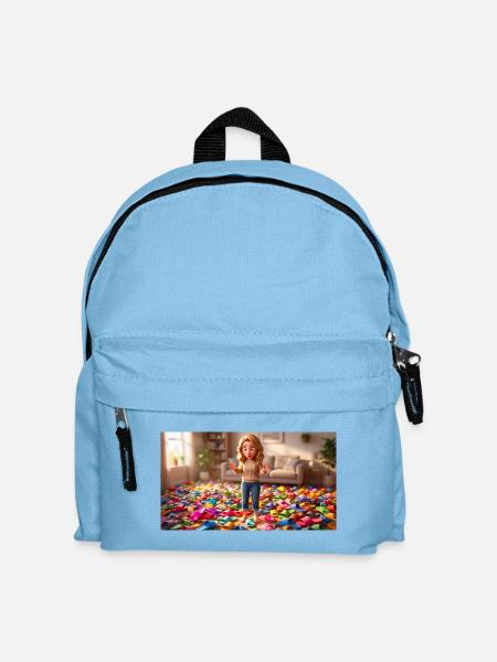 Girl Standing Barefoot in a Room Full of Slippers - Kids' Backpack - light blue