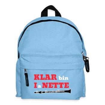 KLAR bin I a NETTE Klarinette Wortspiel - Kinder Rucksack - Hellblau - Vorne