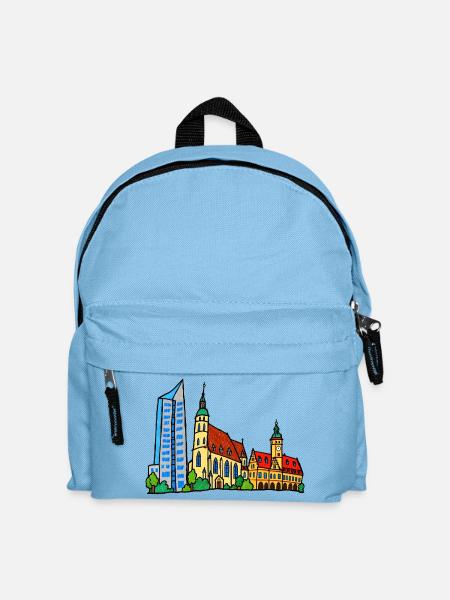 Bunte Leipziger Skyline im Kinderstil - Kinder Rucksack - Hellblau
