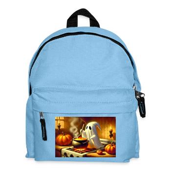 Ghost stands at the stove and cooks pumpkin soup - Kids' Backpack - light blue - Front
