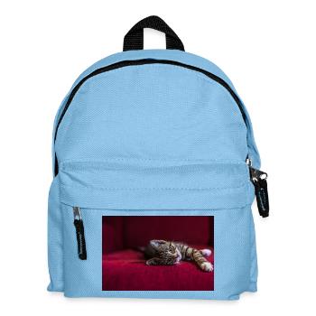 Cute tabby baby cat, lying, photography - Kids' Backpack - light blue - Front