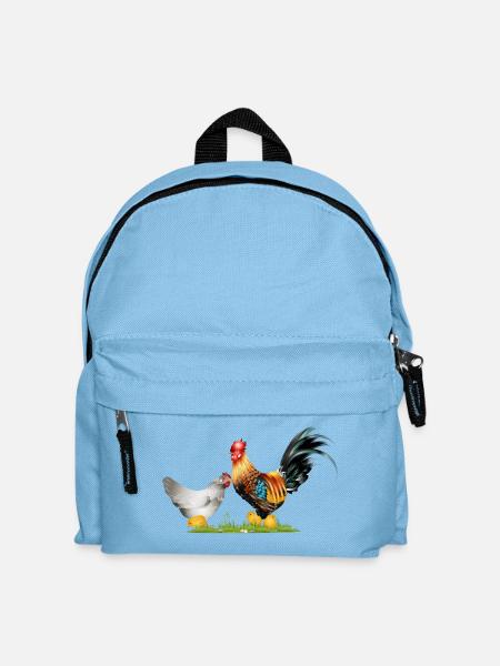 stattlicher Hahn mit Henne und Küken Nachwuchs - Kinder Rucksack - Hellblau