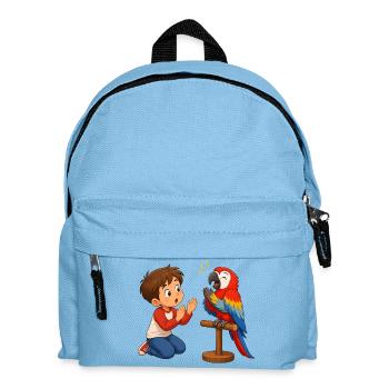Bunter Papagei klatscht mit staunendem Jungen - Kinder Rucksack - Hellblau - Vorne