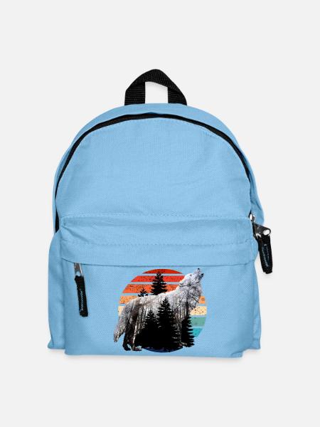heulender Wolf Doppelbelichtung mit Retro Sunset - Kinder Rucksack - Hellblau