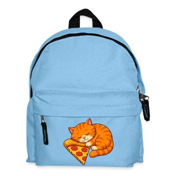 Orangefarbene getigerte Katze schläft mit einem Stück Pizza - Kinder Rucksack - Hellblau - Vorne