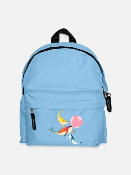 drei bunt schimmernde Walfische mit Bubblegum - Kinder Rucksack - Hellblau