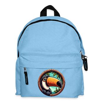 Cartoon Tukan blickt durch rundes Fenster - Kinder Rucksack - Hellblau - Vorne