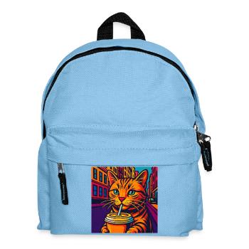 Lebhafte Stadtkatze mit Getränk, liebe Katzen - Kinder Rucksack - Hellblau - Vorne