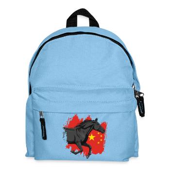 Ein schwarzes Abaga-Pferd vor der chinesischen Flagge - Kinder Rucksack - Hellblau - Vorne