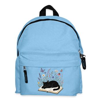 Eine schwarze Katze schläft auf einem Buch. - Kinder Rucksack - Hellblau - Vorne