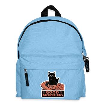 Chat noir en linogravure posé sur le visage matin - Sac à dos Enfant - bleu clair - Devant