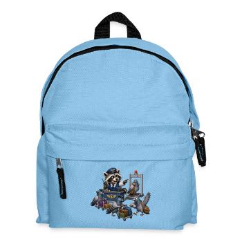 Raccoon checks pigeons at airport chaos - Kids' Backpack - light blue - Front