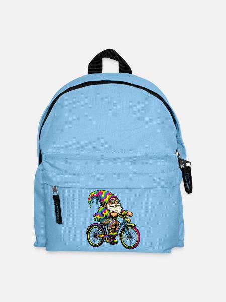 Psychedelischer Gartenzwerg auf Fahrrad - Kinder Rucksack - Hellblau