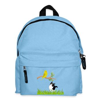 Sonniger Singvogel und Neugierige Katze - Kinder Rucksack - Hellblau - Vorne