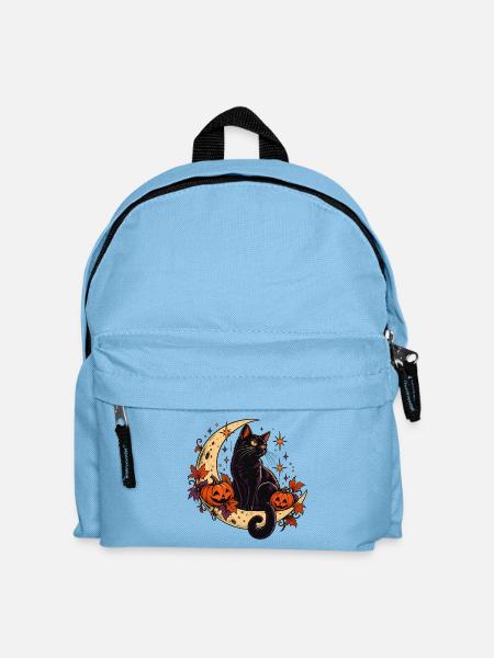 Nachtschwarze Katze mit Hallowen-Kürbissen - Kinder Rucksack - Hellblau