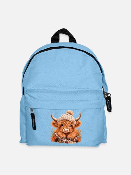 Highland Cow mit Mütze – Cozy Herbst Kuh - Kinder Rucksack - Hellblau