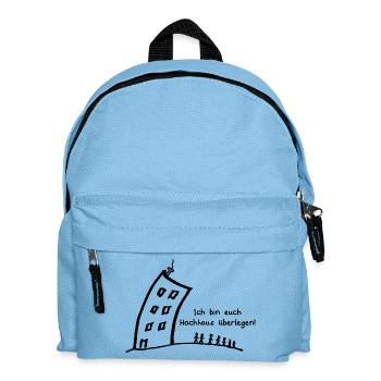 Hochhaus überlegen - witziger Spruch - Wortwitz - Kinder Rucksack - Hellblau - Vorne
