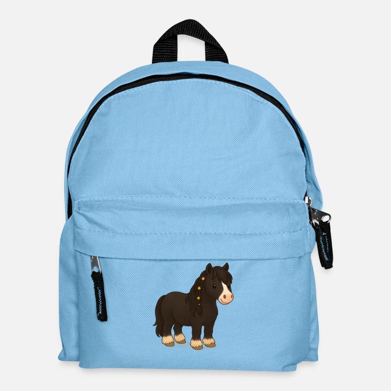 Schwarze Tinker Stute Katy mit Blumenbraid - Kinder Rucksack - Hellblau