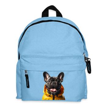 Französische Bulldogge in gelbem Anorak - Kinder Rucksack - Hellblau - Vorne