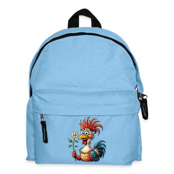 Bunter Cartoon Hahn mit Margeriten Blume - Kinder Rucksack - Hellblau - Vorne